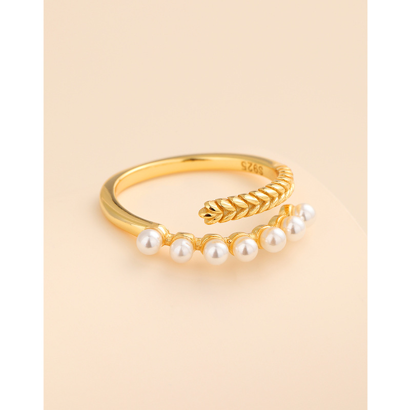 Anillo de perlas de oreja de trigo hembra abierta 925 Luz de plata de ley de lujo de alto grado sentido nicho diseño anillo de viento frío anillo de dedo índice