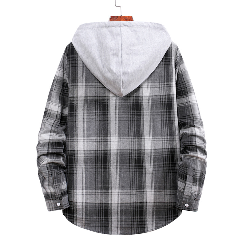 Camicia a maniche lunghe casual alla moda di grandi dimensioni con cappuccio scozzese allentato da uomo 2024_voghion.com