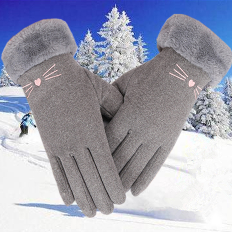 Gloves Women Winter Warm Thickening Cute ins Winter Ladies Cycling Windproof Cold-proof Fleece Five-finger Gloves Riding 