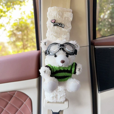 Seat belt shoulder pad | Women - white-bear-green-and-black-striped-sweater-one-puff-plaid-shoulder-pad