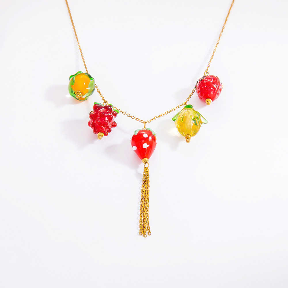 17g Weight PVD Coated Gold Plating Process 18K Gold Plated Plating Material Glass, Titanium Steel Pendant Material Pendant Necklace Classification Titanium Steel Chain Material Beaded Chain, Paperclip Chain, cable chain Chain Type 1 Piece Quantity Casual, Daily Occasion Glass, Titanium Steel Material Cherry, Heart Shape, Strawberry Pattern Women's Gender Plating Design Cute Style Gold Color Cute Cherry Heart Shape Strawberry 18K Gold Plated PVD Coated Glass Titanium Steel Beaded Chain Paperclip Chain Cable Chain Pendant Necklaces Wholesale 16