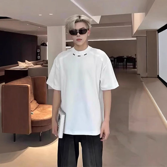 260g Heavy Black Shoulder T-shirt Men's Summer Fashion Brand Design Sense cleanfit Short Sleeve Small Collar Half Sleeve