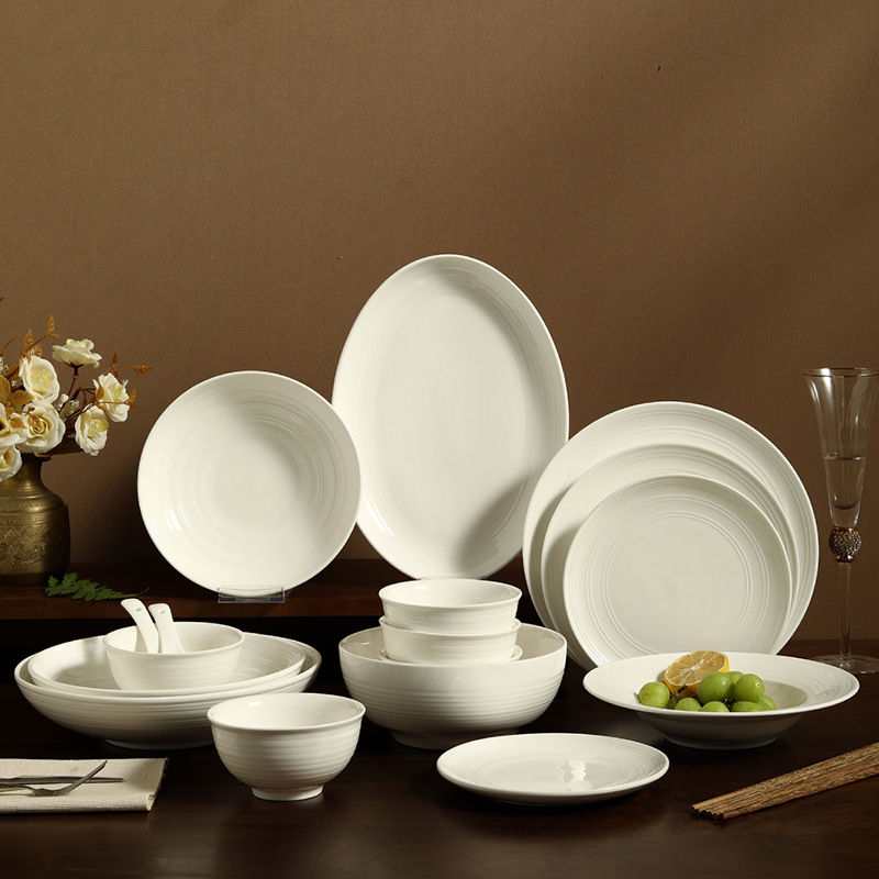 White Porcelain Embossed Tableware suit Household Combination Housewarming Simple Dish Ceramic Bowl Plate Threaded Plate Straw Hat Plate