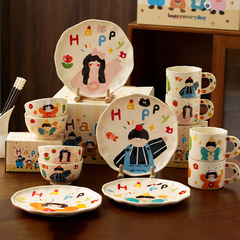 モダン主婦一家三口陶磁器碗の親子食器が可愛い子供が食事をしています。