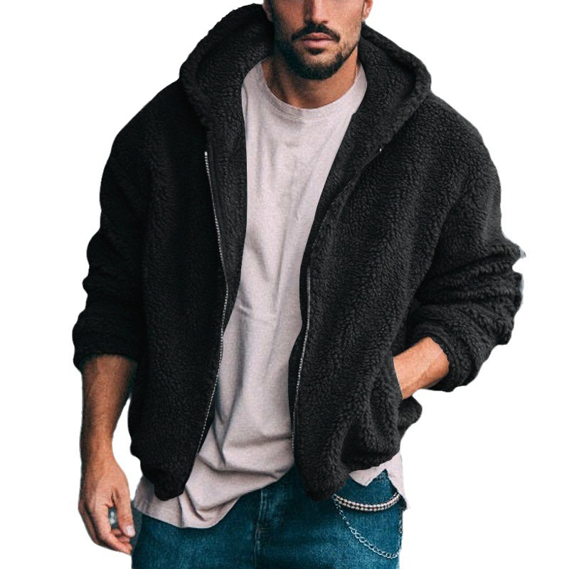 2023 chaqueta transfronteriza de otoño e invierno para hombres nueva chaqueta europea y americana de doble cara de terciopelo ártico con capucha de color sólido con cremallera casual para hombres