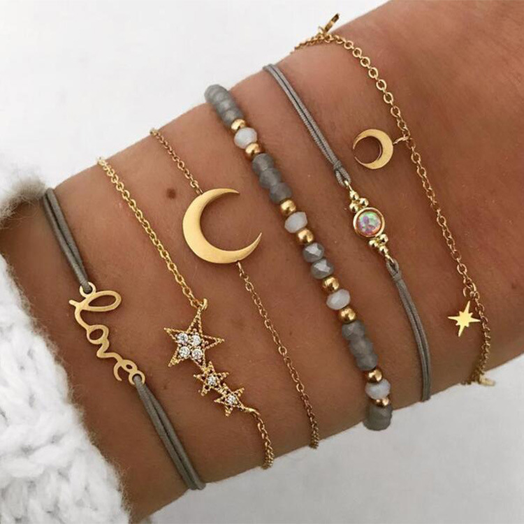 Vintage Style Geometric Star Moon Alloy Cotton Plating Rhinestone Bracelets 1 Set display picture 3