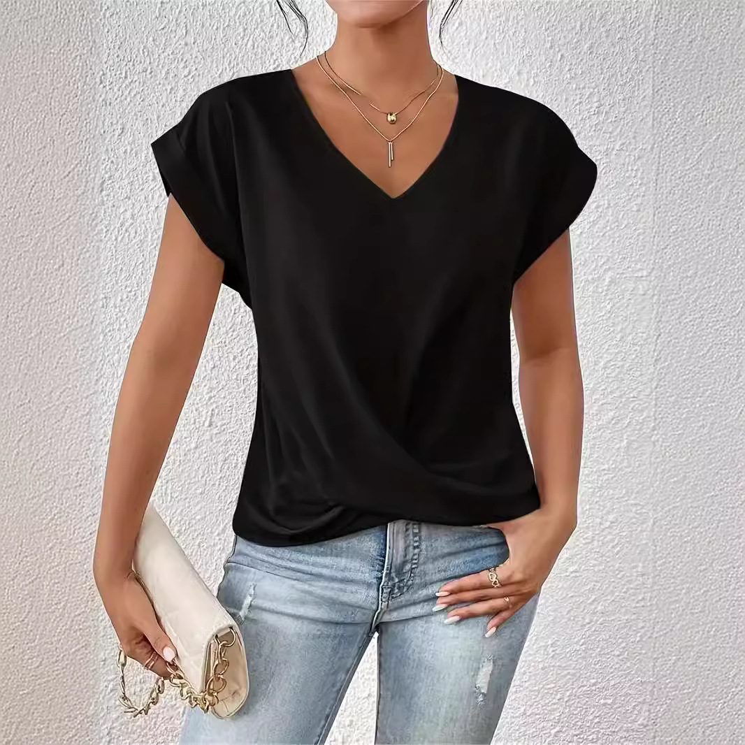 Women's Clothing Elegant V Neck T-Shirt Solid Color Short Sleeve Top For Spring And Summer Hot Selling_ecoleips.com