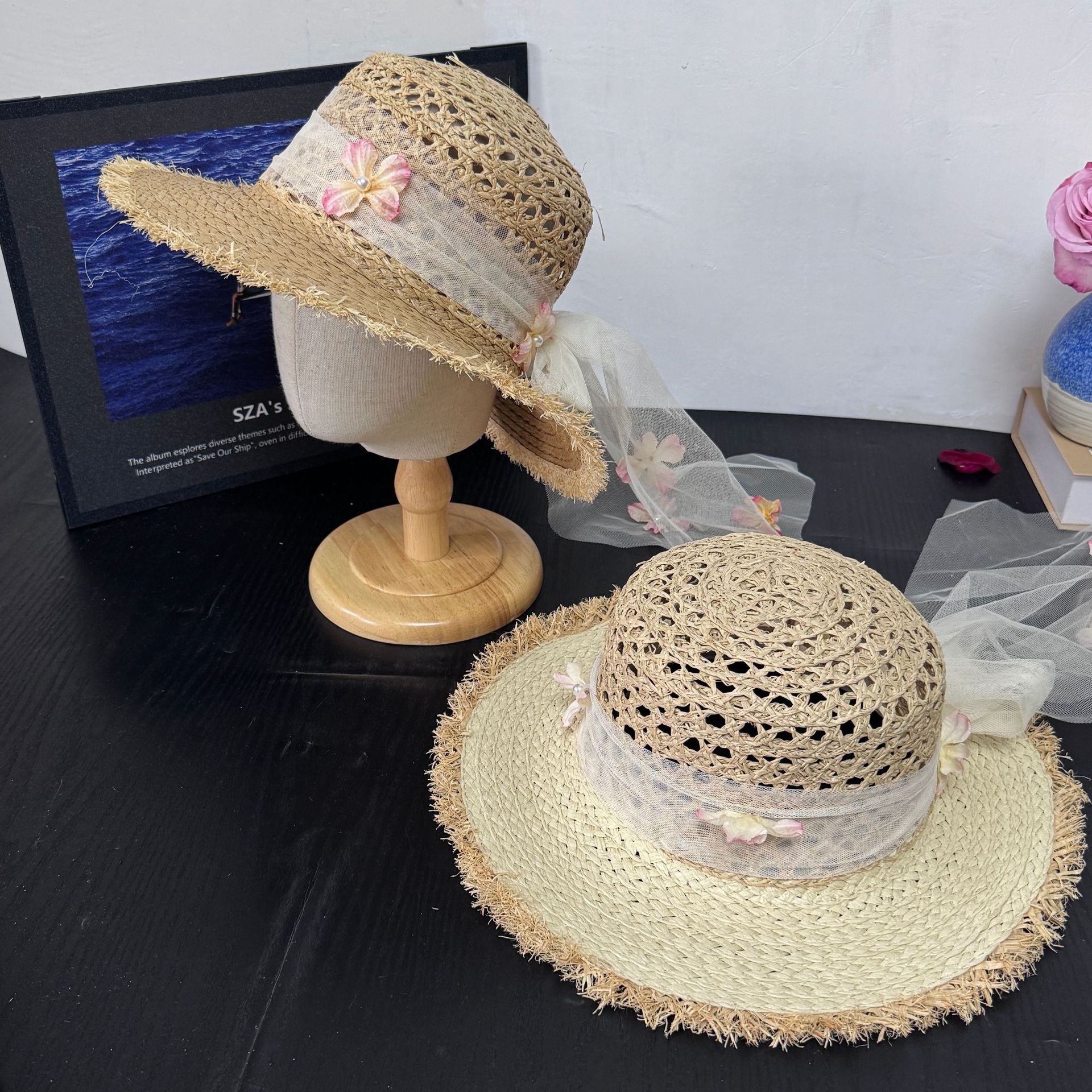 夏季立体花朵飘带草帽女海边度假大檐防晒遮阳帽森系仙女风百搭沙