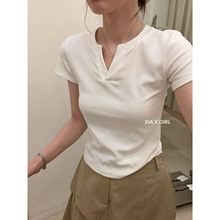 2026春上新基础款正肩韩系辣妹小V领女夏季简约纯色修身短袖T恤