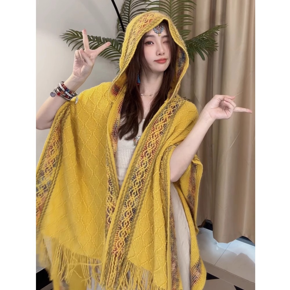 Nuevo chal de mujer, tiras de color, suéter de punto, foto de viaje, capa étnica de todo fósforo, capa de todo fósforo, viaje