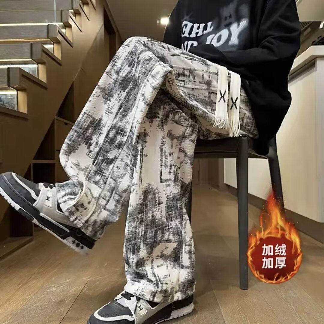 Pantalones casuales americanos de alta calle para hombres sueltos marca de moda vertical primavera y otoño atado teñido pantalon deportivo de terciopelo universal