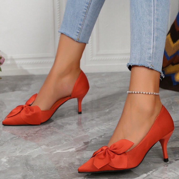Summer New Pointed Foot Slim High Heeled Casual plus size Shallow Bow Women High Heeled Fashion Foreign Trade Sandals