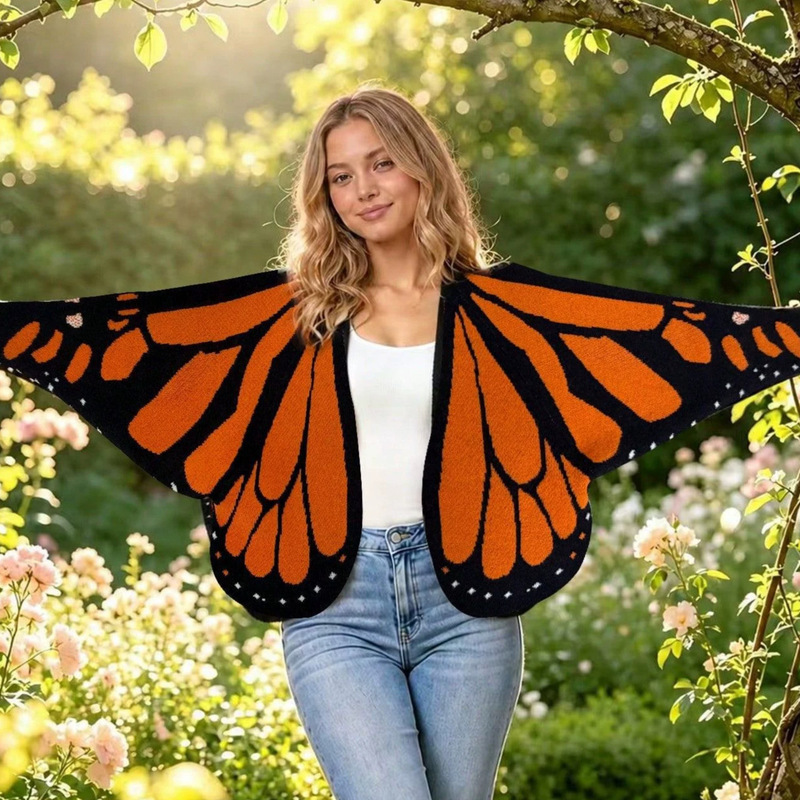 Cross-border SHEIN hot-selling Amazon autumn and winter women's monarch butterfly batwing sleeve knitted shawl cardigan temu Cross-border SHEIN hot-selling Amazon autumn and winter women's monarch butterfly batwing sleeve knitted shawl cardigan temu