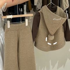 韓国子供服子供の春と秋の新無地フード付きベストセーターツーピース女の子ワイドレッグパンツニットスーツ