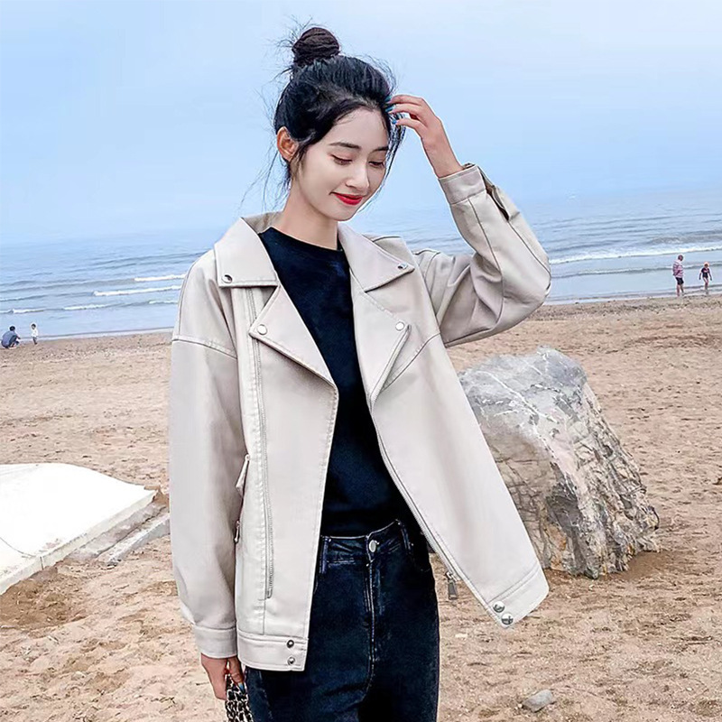 Autumn and Winter New Leather Jacket for Women Korean Style Short Pure Color Long-Sleeved Lapel Pu Leather Jacket for Women Casual Motorcycle Jacket for Women