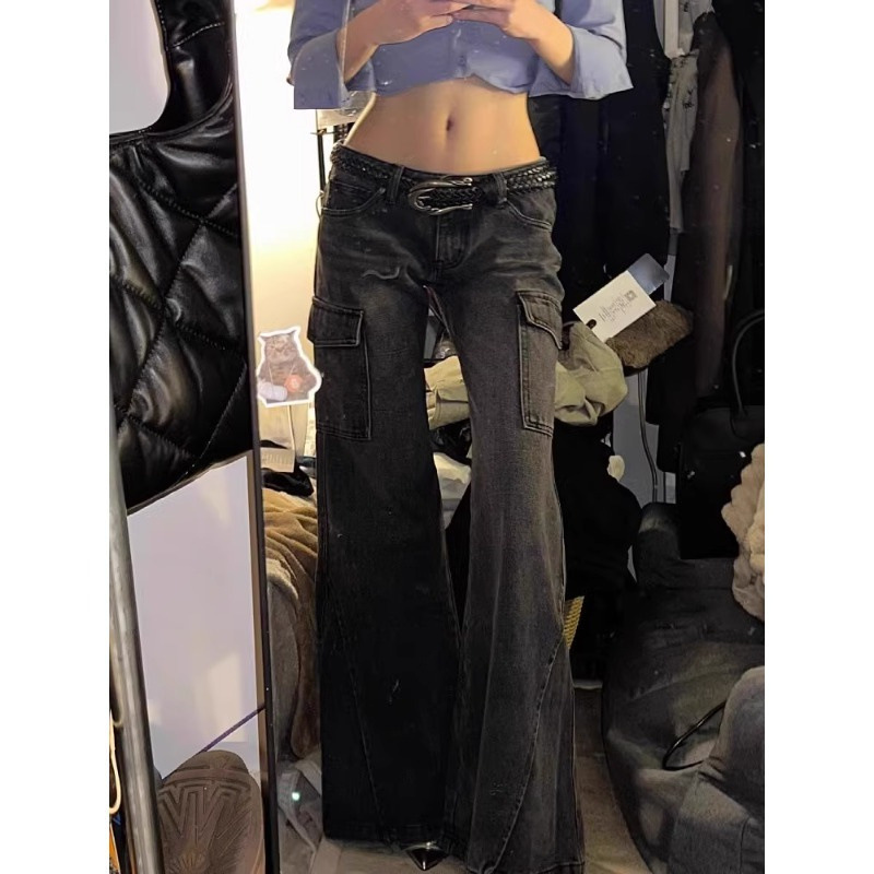 Black Low Waist Tight Multi-Pocket Micro-Lara Tooling Jeans Women's Spring and Autumn Dipped Narrow Horseshoe Long Pants