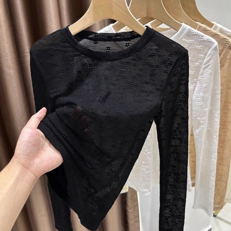 Round neck lace bottoming shirt for women Spring and Autumn New slimming versatile inner long sleeve T-shirt tight shoulder tulle top
