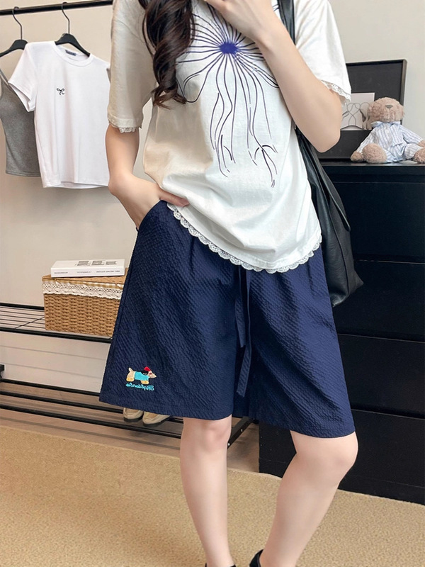 藏青色多巴胺小狗刺绣短裤女夏季薄款速干沙滩裤腊肠泡泡纱五分裤|undefined