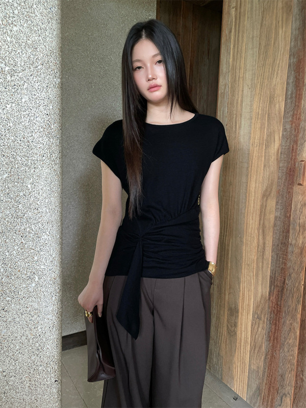 FONE简禾不规则小飞袖针织衫女2025秋季别致绑带收腰打底衫88196|undefined