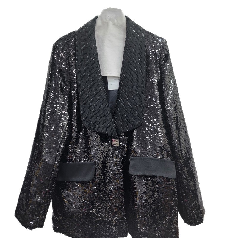 Saco de Vestir Negro Holgado con Lentejuelas de Algodón y Poliéster para Primavera