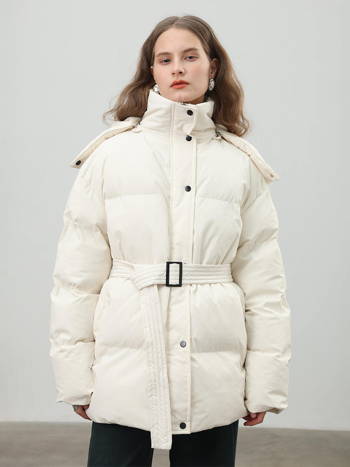 Áo khoác bông nữ có mũ, khóa kéo, thắt eo dáng ôm, dài trung bình, chất liệu polyester dày — màu nâu, màu đen, quả mơ chi tiết 53