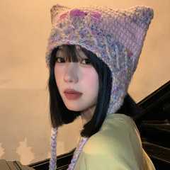亞比風可愛粉色貓咪帽子女秋冬季保暖編織毛線帽顯臉小護耳帽子潮