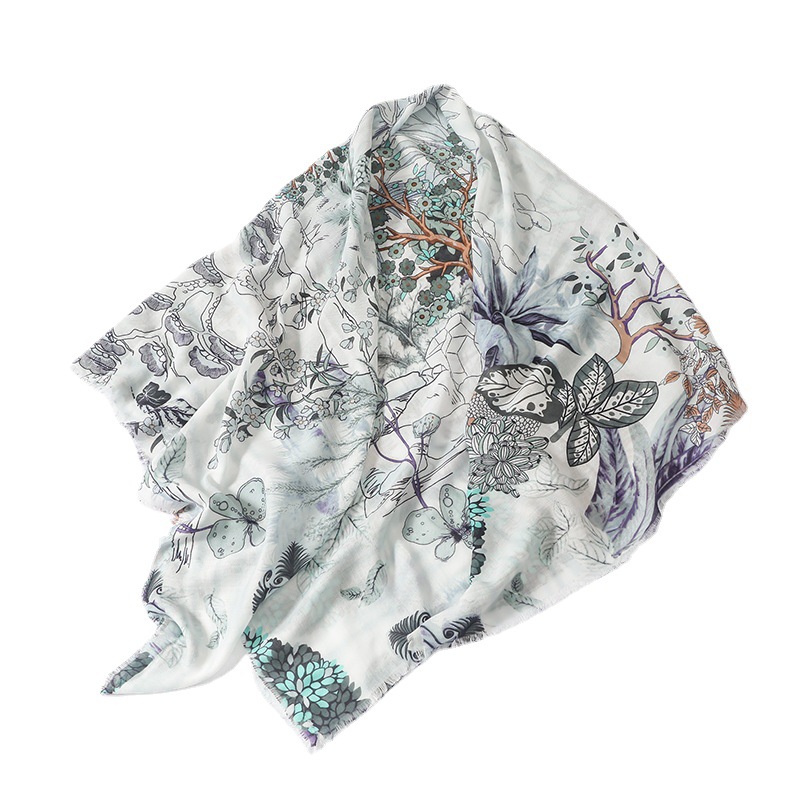 Flor de planta dulce fresca 135*135cm playa protección solar sombrilla chal bufanda de seda algodón y lino sensación de la mano bufanda cuadrada grande