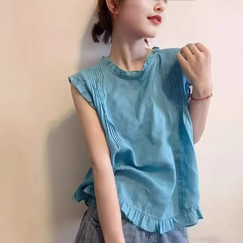 Korean Style Fungus Lace Pleated Sleeveless Vest Shirt 2025 Summer New Style Women's High-End Foreign Style Age-Reducing Top