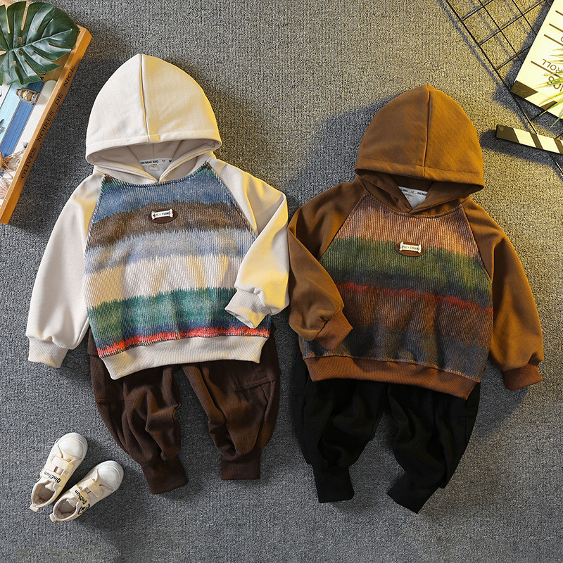 6095 Traje casual para niños Primavera y otoño 2024 Nuevo suéter con capucha para niños Traje de dos piezas de moda de otoño para bebés