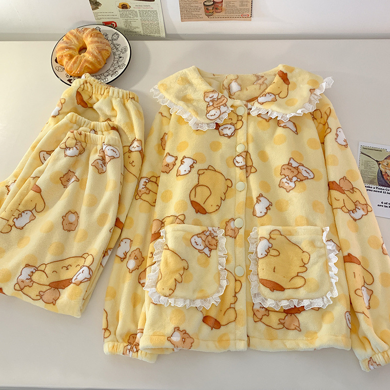 부드러운 귀여운 인형 칼라 산호 양털 파자마 여성의 겨울 2024 새로운 기모 두꺼운 소녀의 집 옷 세트