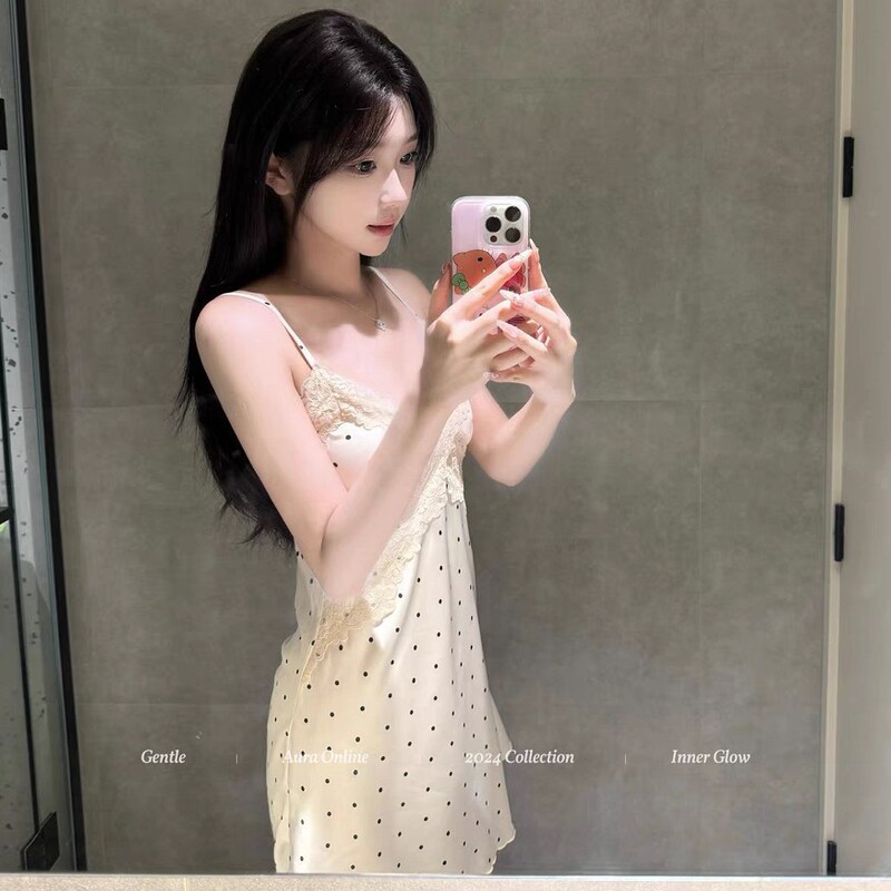 甘いインスタイルの新しい夏のホームウェア寝間着ショールツーピースレース水玉サスペンダーパジャマ女性用|undefined