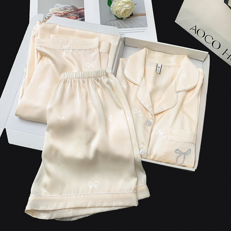 Hot-Selling Ice Silk Apricot-Colored Embossed Bow Short-Sleeved Pajamas with Breast Pads for Women, Summer Light Luxury Home Wear Three-Piece Set