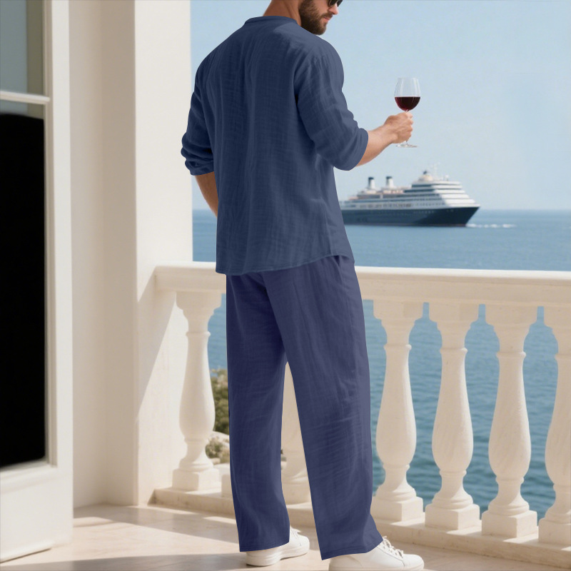 Herren Leinenanzug Für Den Herbst Casual Beach V-ausschnitt Set_voghion.com