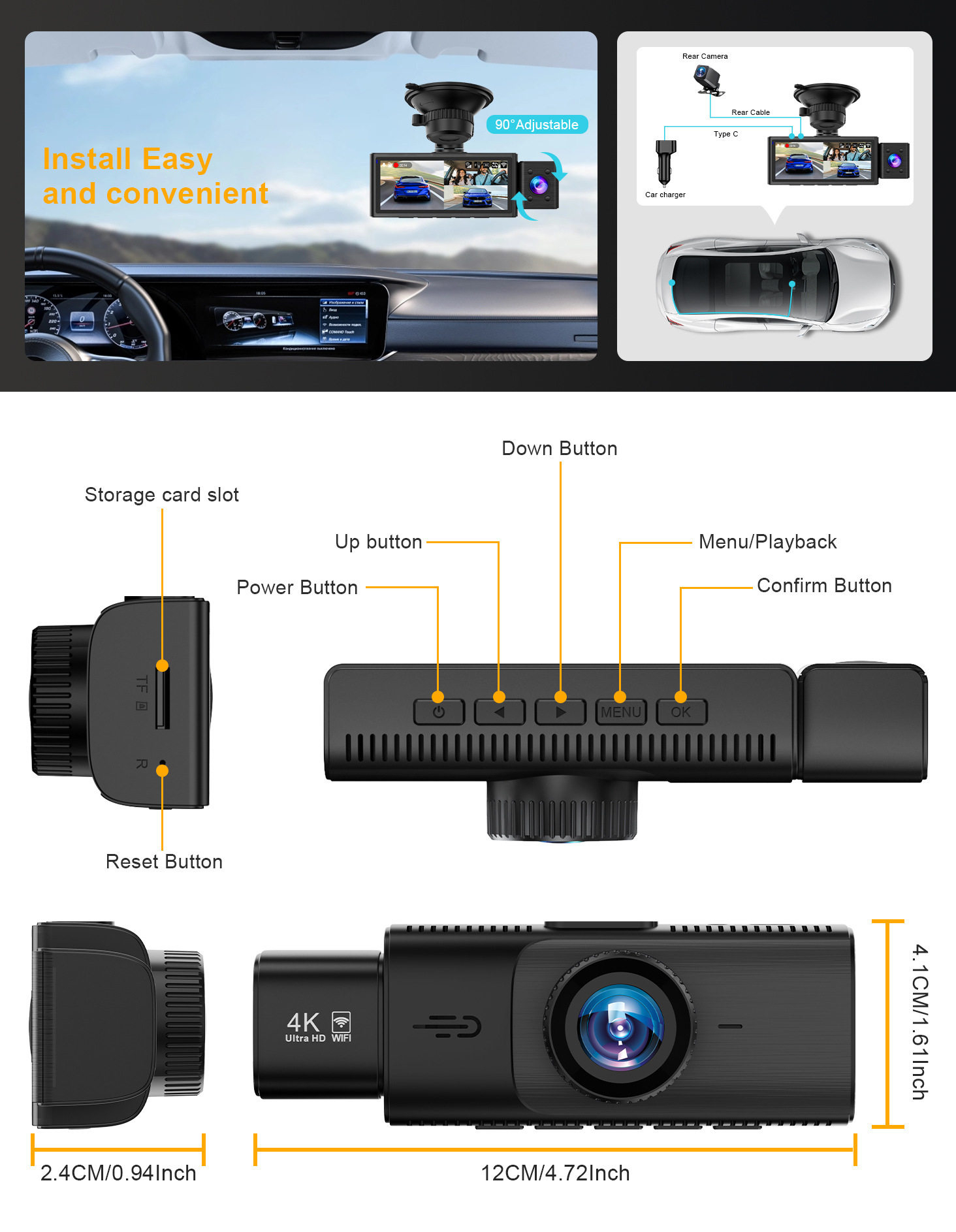 Cross-border 4K triple-camera dashcam with GPS tracking, wide-angle night vision, three-lens WIFI recorder, and reverse camera