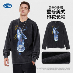 UHG春秋重磅純棉圓領黑色上衣寬鬆洗水做舊潮牌休閒男女長袖T恤衫