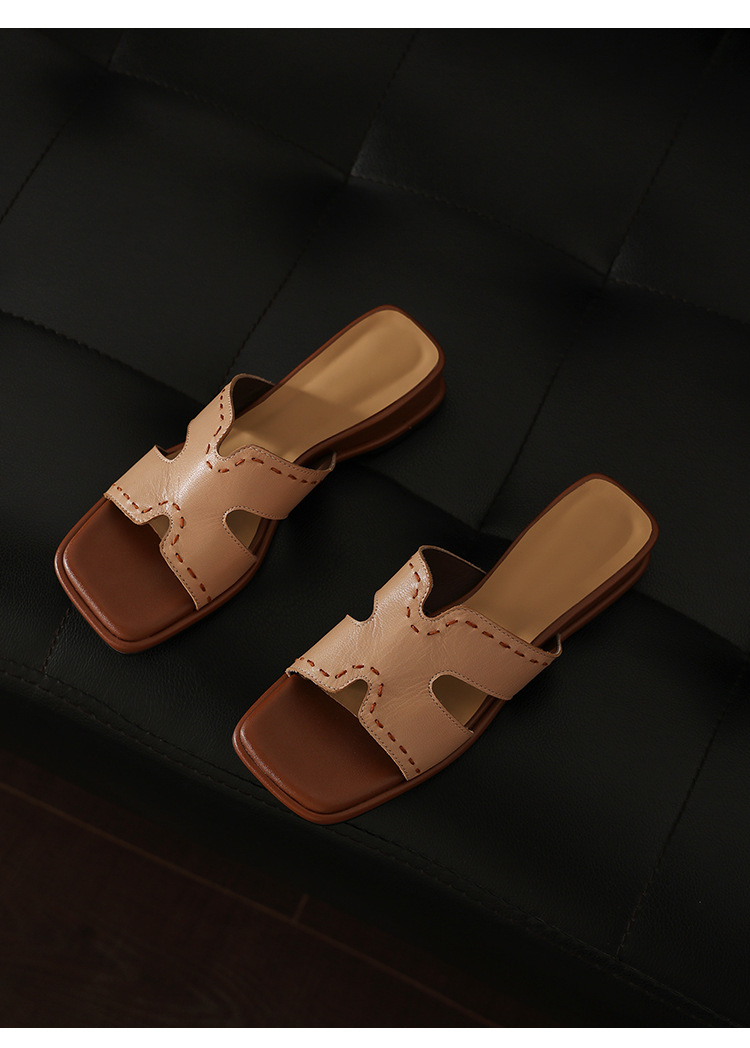 Dép sandal nữ quai chữ V đầu vuông đế bệt da dê — màu nâu chi tiết 17
