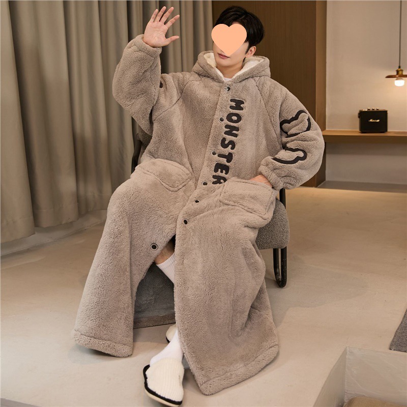 Men's Coral Fleece Winter Pajamas, Thickened and Warm Bathrobe for Boys, Autumn and Winter Long Loungewear