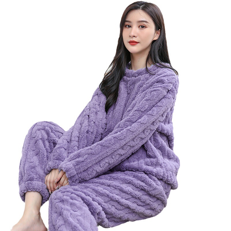 保暖纯色法兰绒舒棉绒家居服女提花新款睡衣套装长袖加厚冬情侣款|undefined