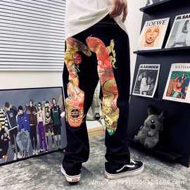 一件代发跨境Evisu福神高品质大M印花贴袋刺绣直筒牛仔裤男女同款