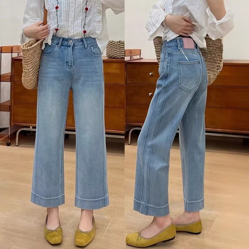 女性用ライトカラーレギンスストレートジーンズ、夏用薄手、小柄、細身、ワイドレッグパンツ、大きいサイズ、太mmストレッチシガレットパンツ|undefined