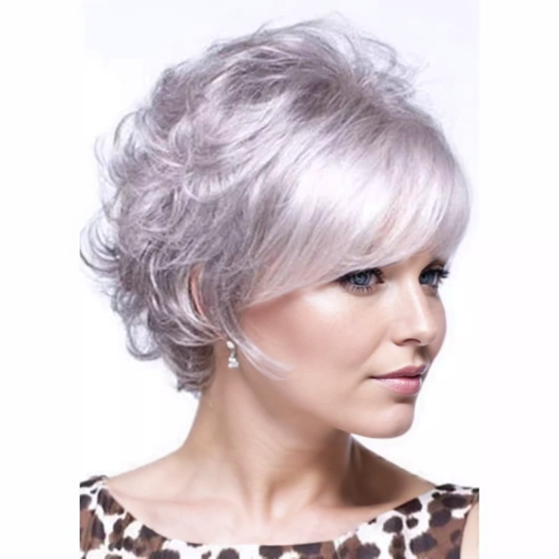 Comercio exterior de Europa y América popular pequeña peluca rizado gris de las mujeres blancas Pelo Corto rizado peluca un pedazo de pelo