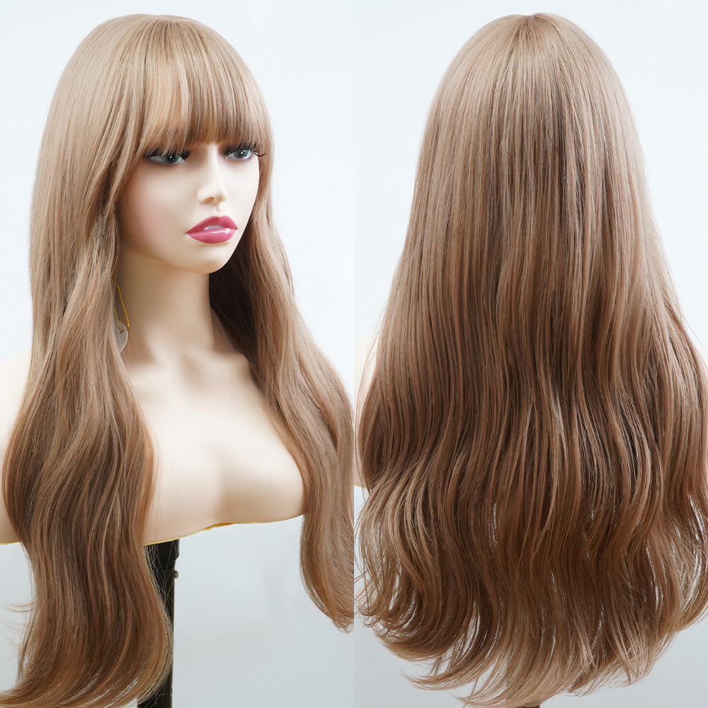 Synthetische Perücke, chemische Faser, gespalten, gerader Pony, natürliche, gebogene, lange, gelockte Perücken_voghion.com