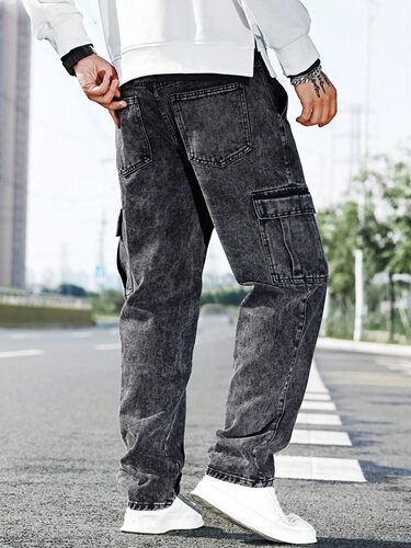 European and American style workwear autumn and winter jeans for men, loose stack feeling, multi-pocket casual long pants, trendy and fashionable street style
