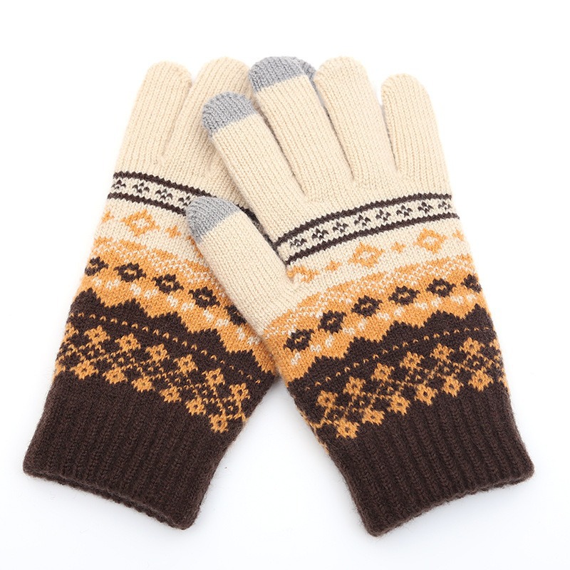 Autumn Winter Adult Warm Women's Jacquard Knitted Toucreen Yarn And Veet Anti Cold Finger Gloves_voghion.com