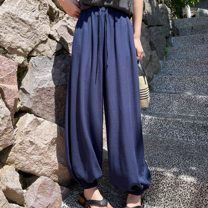 Navy Blue Tencel Linen Jogger Wide-Leg Pants for Women, Summer Thin High-Waisted Drapey Petite Casual Sports Pants Navy Blue Tencel Linen Jogger Wide-Leg Pants for Women, Summer Thin High-Waisted Drapey Petite Casual Sports Pants