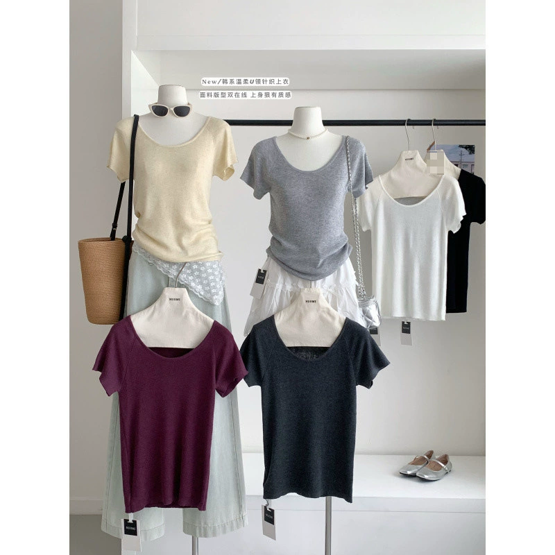YS8e go studio, шерстяная футболка с рукавами реглан из ультратонкой шерсти, женская весенне-летняя новая однотонная футболка с большим U-образным вырезом и короткими рукавами