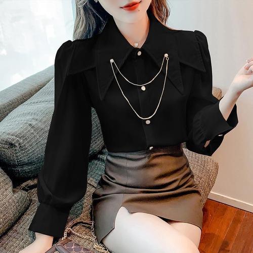 Light Mature Style Shirt for Women, Designer-Designed Niche 2024 Spring New Arrival, Loose-Fitting, Elegant Doll-Style Top with Pointed Collar and Puff Sleeves