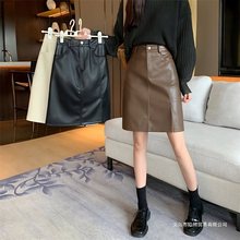 大码皮裙半身裙女中裙高腰开叉字裙秋冬遮肚子显瘦中长款包臀裙