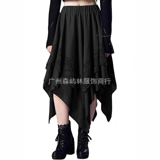 European and American New Halloween Women's Renaissance Style Lace Skirt Asymmetrical Double-Layer Mid Skirt with Pointed Corner