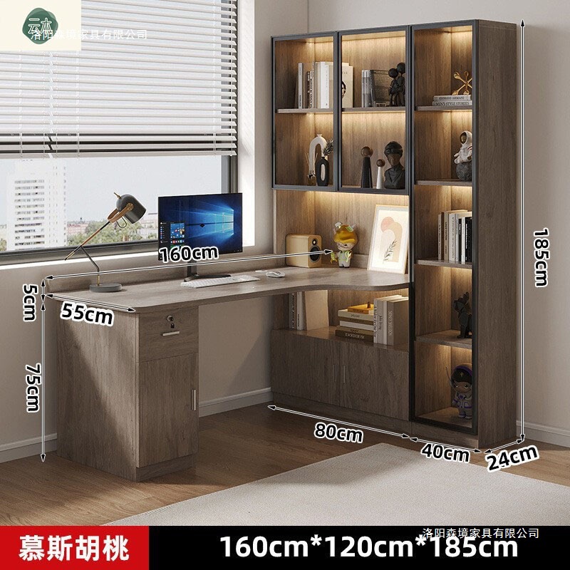 Simple Desk with Bookshelf Integrated, Solid Wood Corner Computer Desk, Desktop Home Student Writing Desk with Bookcase